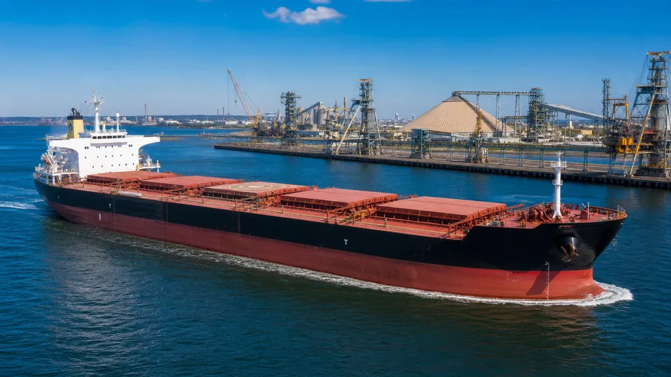 Dry bulk cargo carrier near an industrial loading terminal