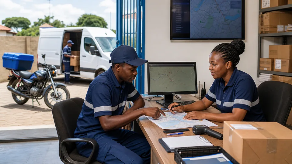 Driver and dispatcher planning local delivery routes in an operations office