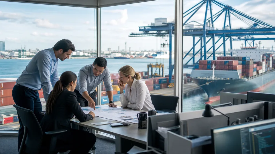 Ocean cargo company team working beside a container ship and port