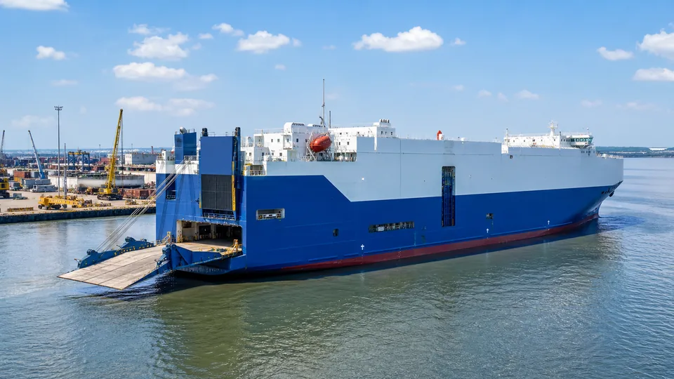 Roll-on roll-off cargo ship with its loading ramp open